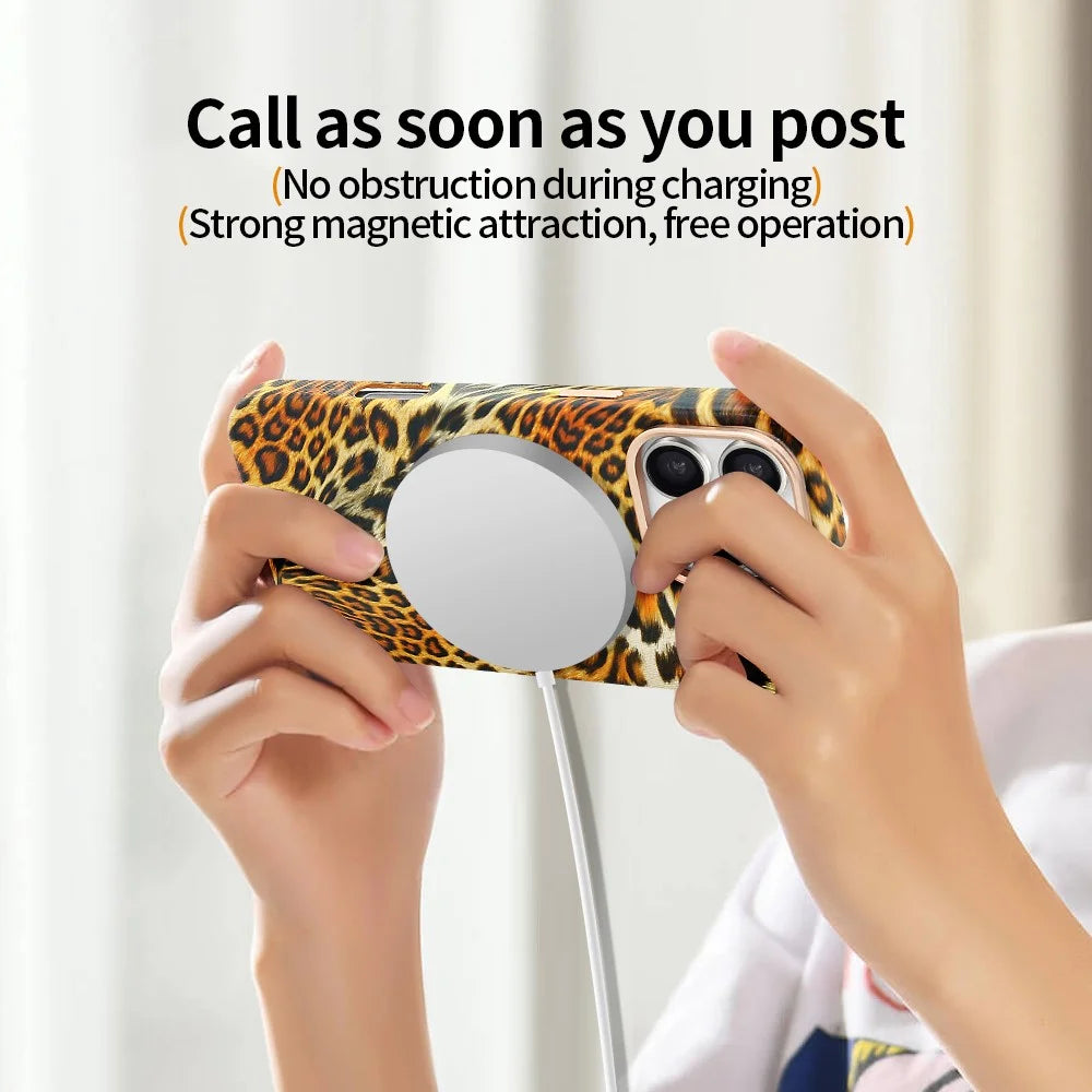 For iPhone 16 Pro Max Case Compatible with MagSafe Leopard Texture PU + PC Phone Cover - Gold - 5