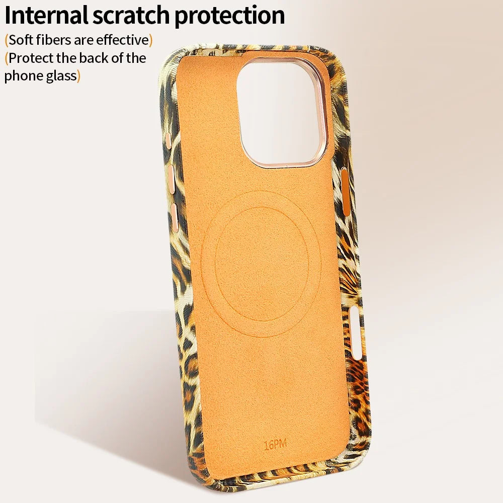 For iPhone 16 Pro Max Case Compatible with MagSafe Leopard Texture PU + PC Phone Cover - Gold - 6