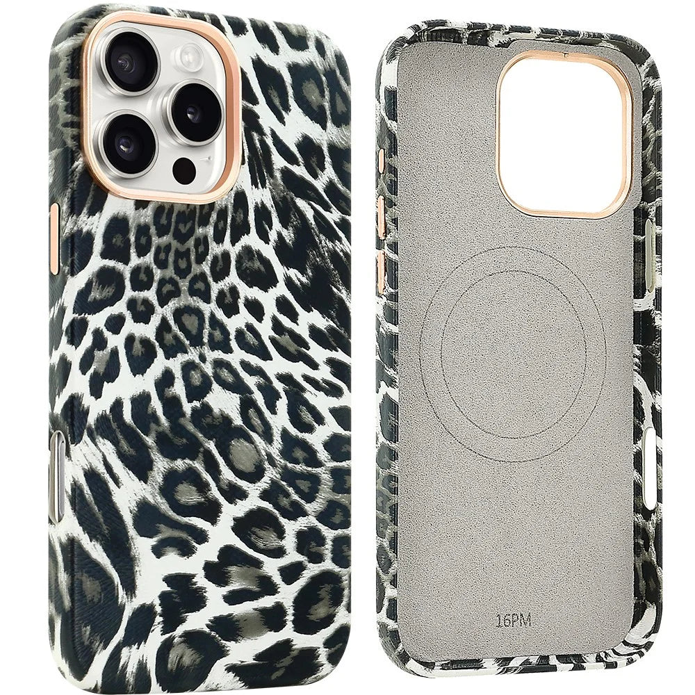 For iPhone 16 Pro Case Compatible with MagSafe Leopard Texture PU + PC Phone Cover - Black - 1