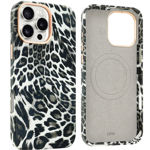 For iPhone 16 Pro Case Compatible with MagSafe Leopard Texture PU + PC Phone Cover - Black - 1