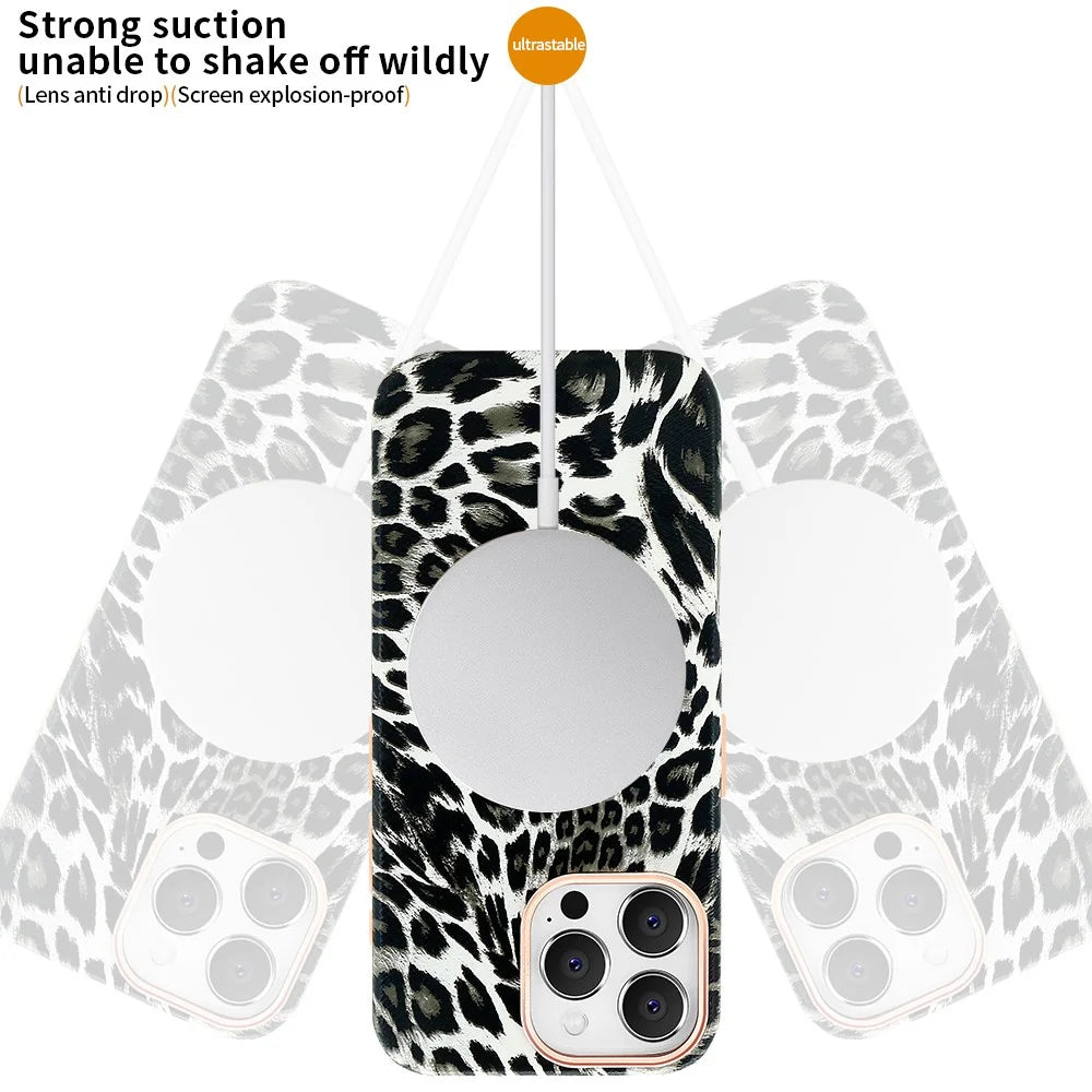 For iPhone 16 Pro Case Compatible with MagSafe Leopard Texture PU + PC Phone Cover - Black - 2