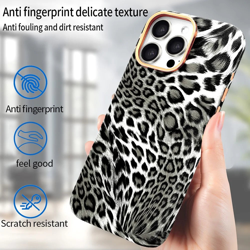 For iPhone 16 Pro Case Compatible with MagSafe Leopard Texture PU + PC Phone Cover - Black - 3