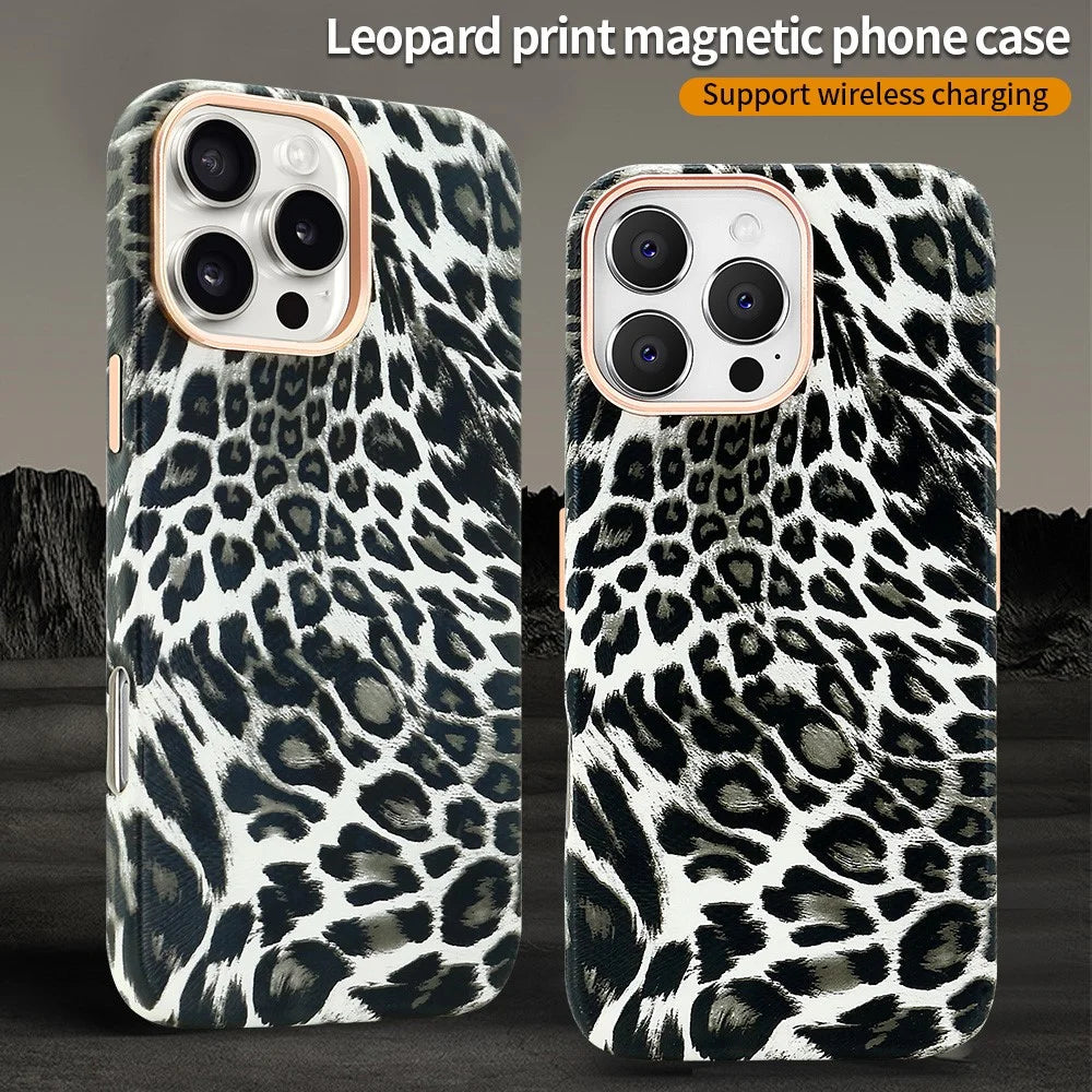 For iPhone 16 Pro Case Compatible with MagSafe Leopard Texture PU + PC Phone Cover - Black - 5