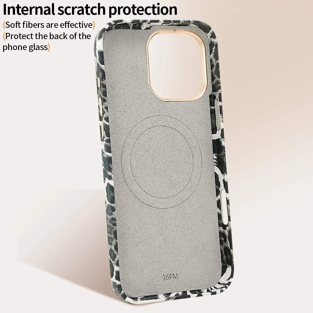 For iPhone 16 Pro Case Compatible with MagSafe Leopard Texture PU + PC Phone Cover - Black - 6