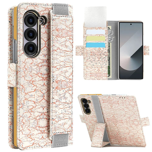 For Samsung Galaxy Z Fold6 5G Wallet Case RFID Blocking PU + PC + Tempered Glass Phone Cover with Wrist Strap - Pink - 1