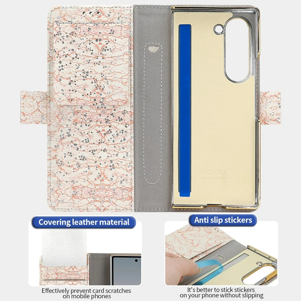 For Samsung Galaxy Z Fold6 5G Wallet Case RFID Blocking PU + PC + Tempered Glass Phone Cover with Wrist Strap - Pink - 2