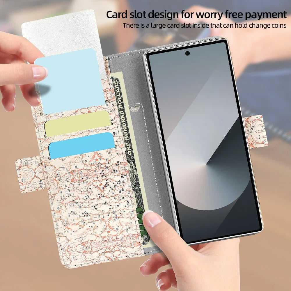 For Samsung Galaxy Z Fold6 5G Wallet Case RFID Blocking PU + PC + Tempered Glass Phone Cover with Wrist Strap - Pink - 5
