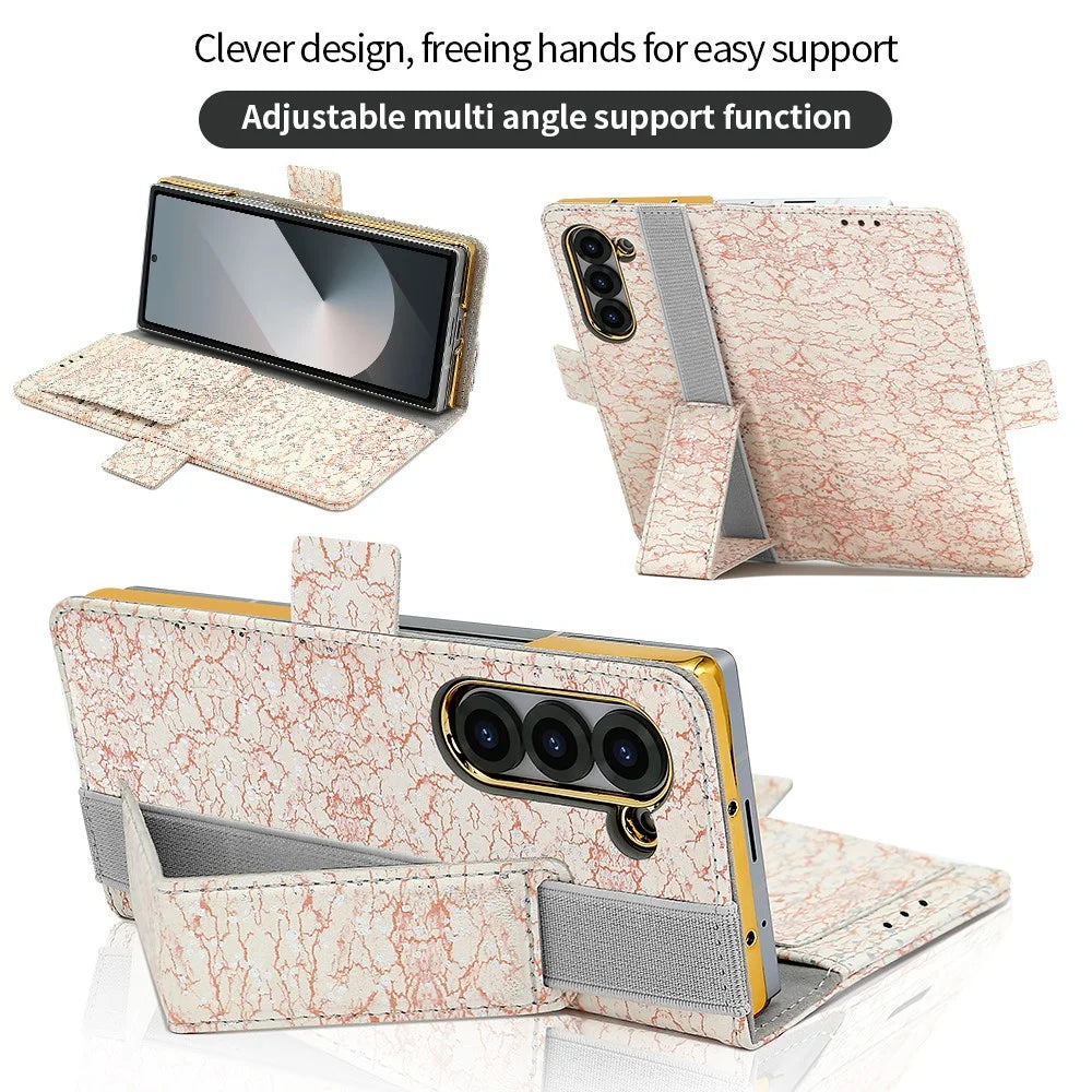 For Samsung Galaxy Z Fold6 5G Wallet Case RFID Blocking PU + PC + Tempered Glass Phone Cover with Wrist Strap - Pink - 6