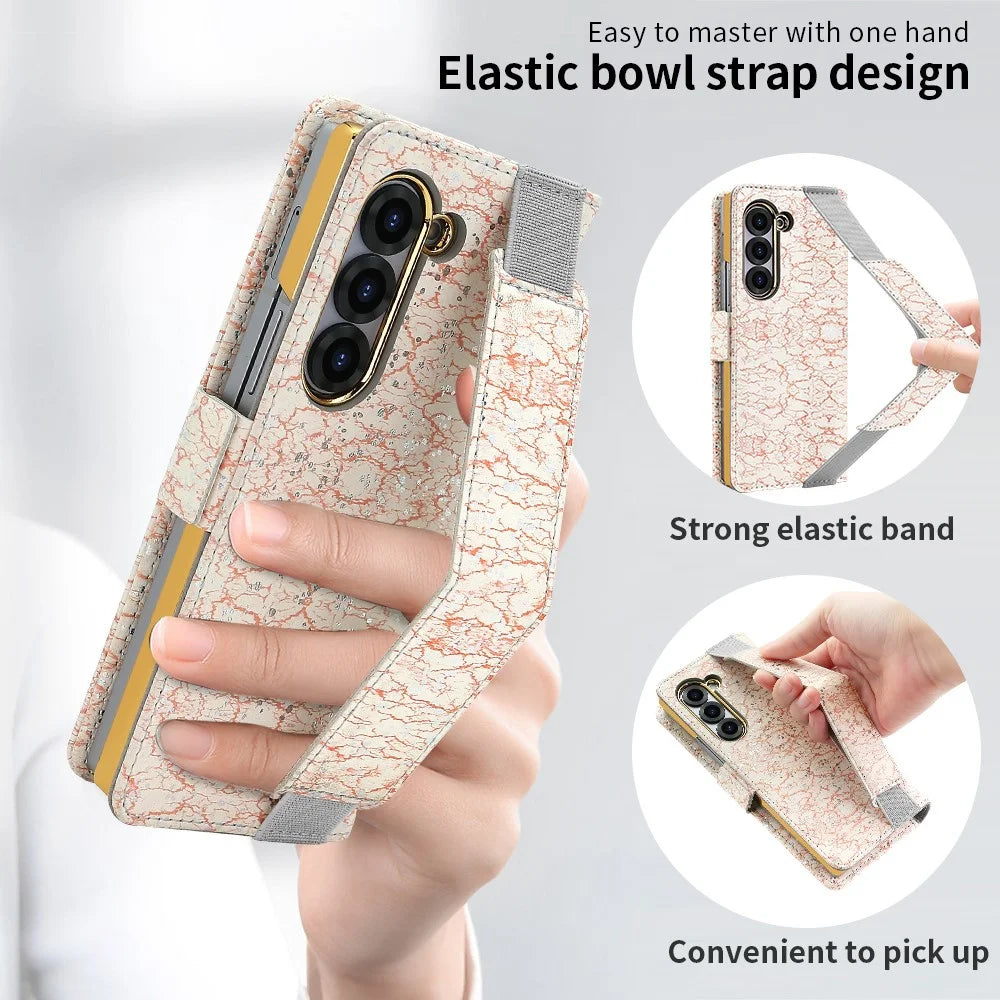 For Samsung Galaxy Z Fold6 5G Wallet Case RFID Blocking PU + PC + Tempered Glass Phone Cover with Wrist Strap - Pink - 7