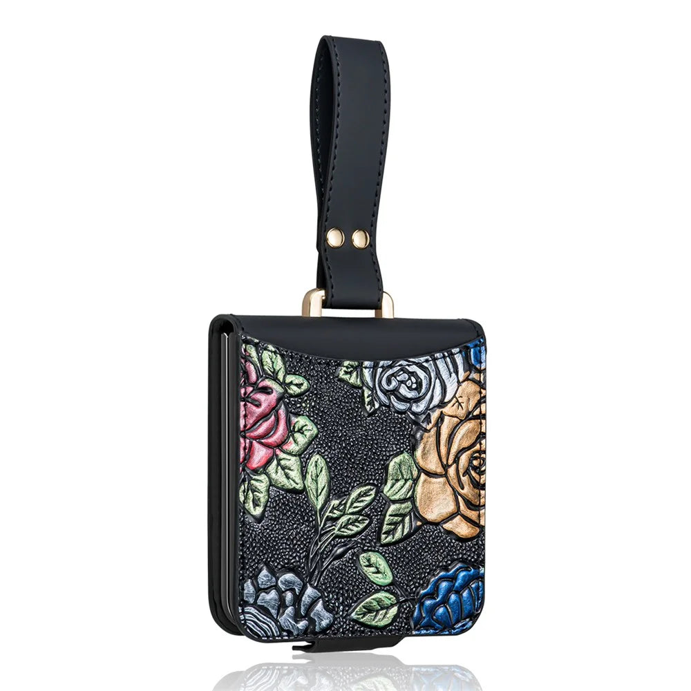 For Samsung Galaxy Z Flip7 5G Kickstand Case Flower Pattern Leather+PC Phone Cover with Back Film - Black - 1