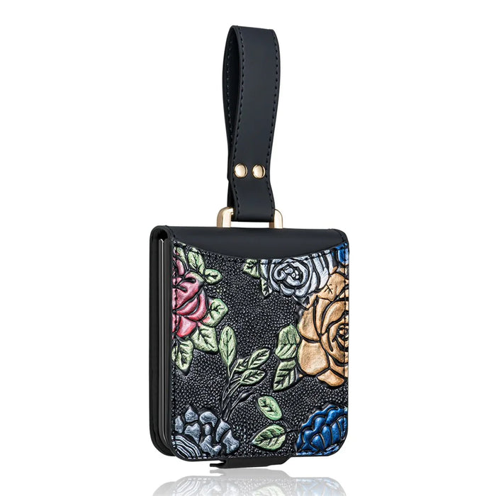 For Samsung Galaxy Z Flip7 5G Kickstand Case Flower Pattern Leather+PC Phone Cover with Back Film - Black - 1