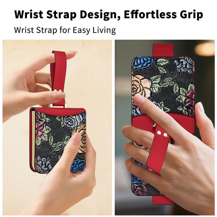 For Samsung Galaxy Z Flip7 5G Kickstand Case Flower Pattern Leather+PC Phone Cover with Back Film - Black - 2