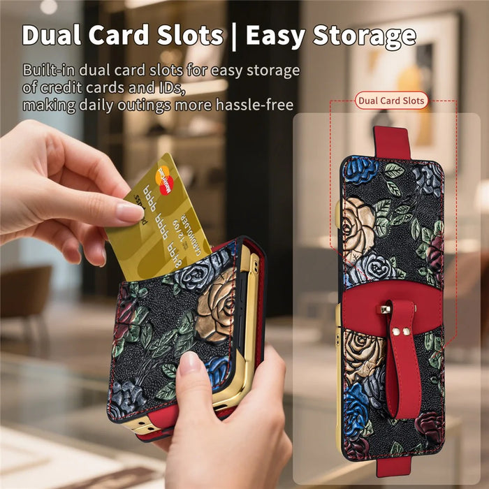 For Samsung Galaxy Z Flip7 5G Kickstand Case Flower Pattern Leather+PC Phone Cover with Back Film - Black - 3