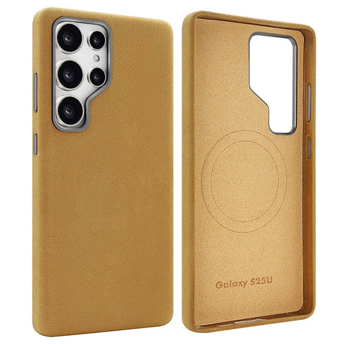For Samsung Galaxy S25 Ultra Magnetic Case Retro Jeans Texture PU + PC Phone Cover - Light Brown - 1