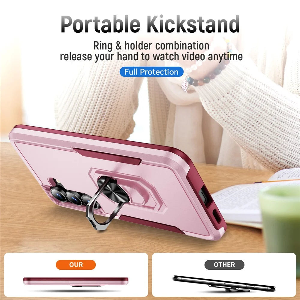 For Samsung Galaxy S25 FE Case Military Grade Ring Kickstand PC + TPU Phone Cover - Pink + Rose - 5