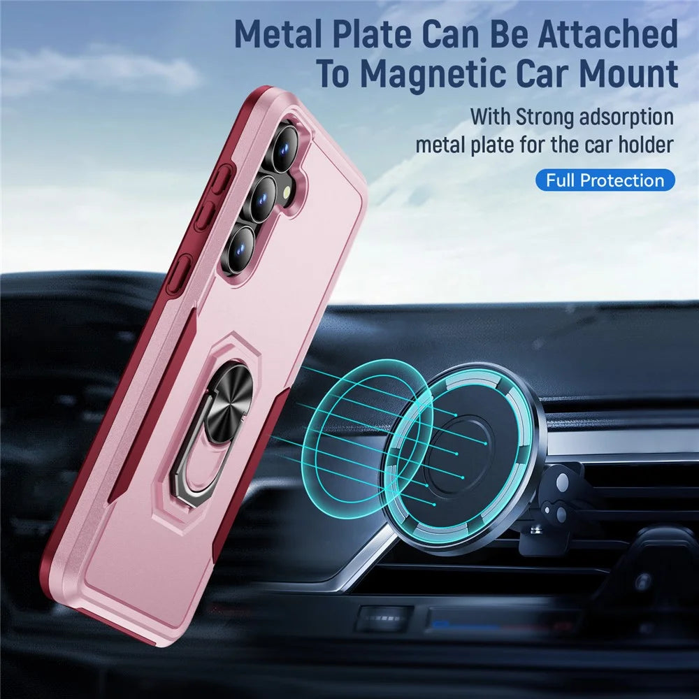For Samsung Galaxy S25 FE Case Military Grade Ring Kickstand PC + TPU Phone Cover - Pink + Rose - 6