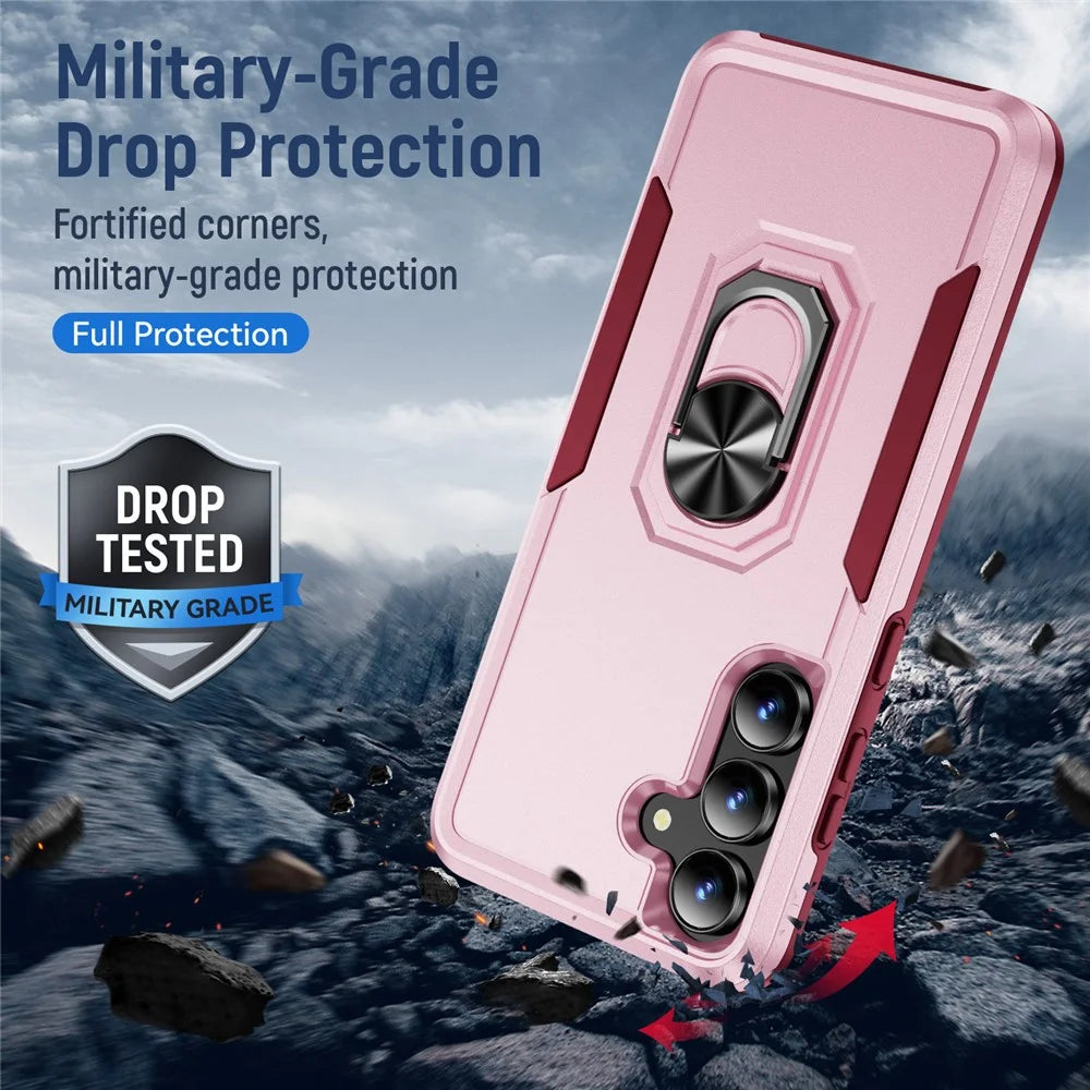For Samsung Galaxy S25 FE Case Military Grade Ring Kickstand PC + TPU Phone Cover - Pink + Rose - 7