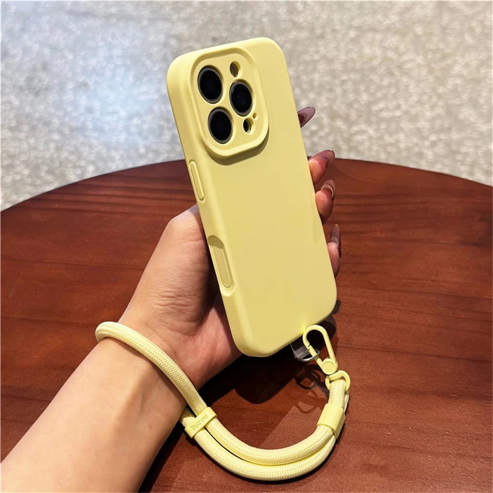 For iPhone 16 Pro Max Case Precise Cutouts Liquid Silicone + PC Phone Cover with Wrist Strap - Light Yellow - 3