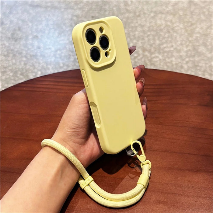 For iPhone 16 Pro Case Precise Cutouts Liquid Silicone + PC Phone Cover with Wrist Strap - Light Yellow - 3