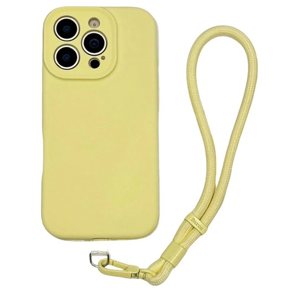 For iPhone 15 Pro Max Case Precise Cutouts Liquid Silicone + PC Phone Cover with Wrist Strap - Light Yellow - 1