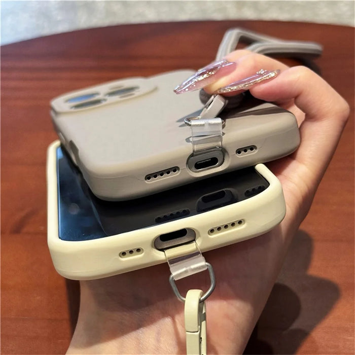 For iPhone 15 Pro Max Case Precise Cutouts Liquid Silicone + PC Phone Cover with Wrist Strap - Light Yellow - 5