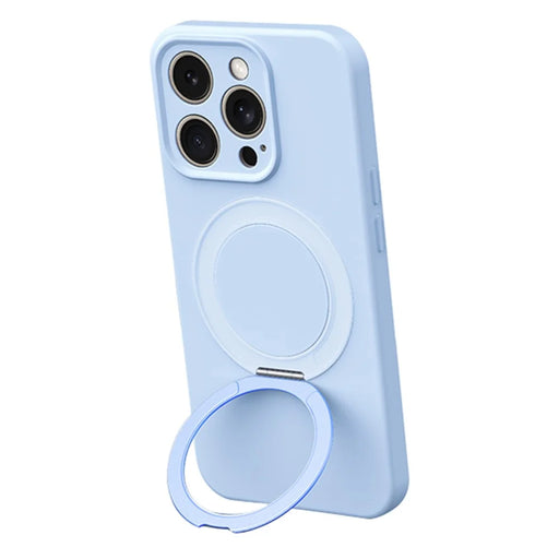 For iPhone 15 Pro Magnetic Case Rotating Kickstand Liquid Silicone PC Phone Cover Skin Touch - Baby Blue - 1