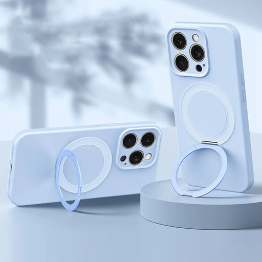 For iPhone 15 Pro Magnetic Case Rotating Kickstand Liquid Silicone PC Phone Cover Skin Touch - Baby Blue - 2