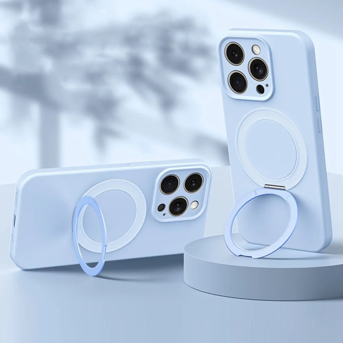 For iPhone 15 Pro Magnetic Case Rotating Kickstand Liquid Silicone PC Phone Cover Skin Touch - Baby Blue - 2