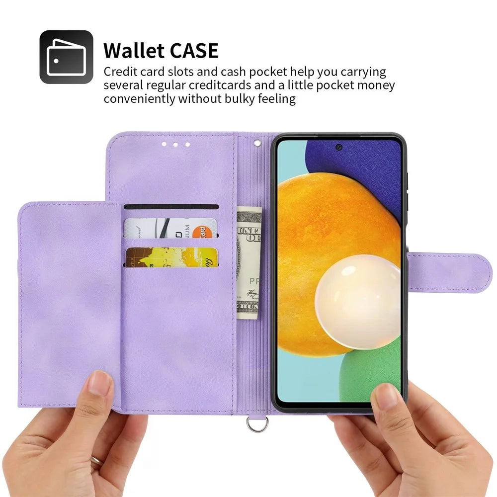 For Samsung Galaxy A53 5G Supporting Stand Skin-touch Imprinted Flowers Pattern Leather Case Wallet Phone Cover with Wrist Strap and Shoulder Strap - Light Purple - 3