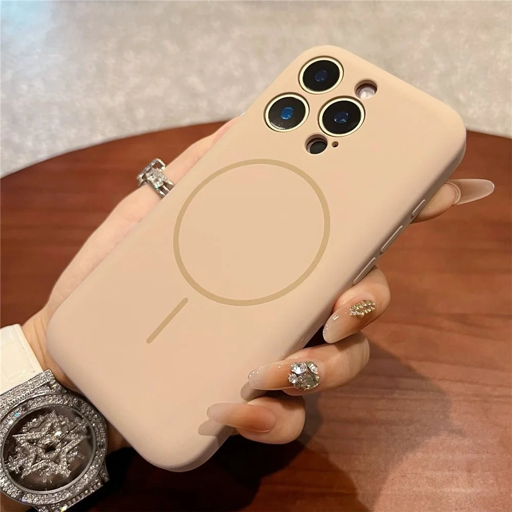 For iPhone 14 Pro Magnetic Case Skin Touch Liquid Silicone PC Shockproof Phone Cover - Desert Gold - 3
