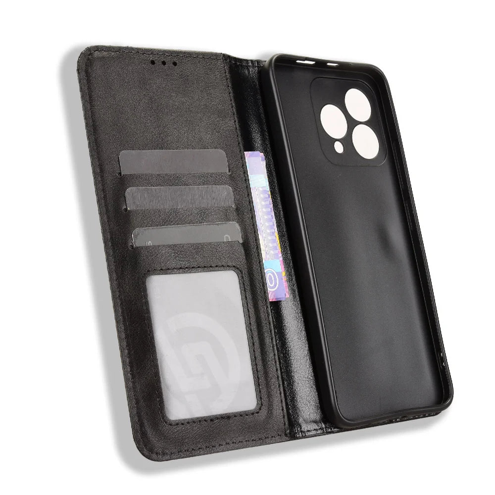 For Cubot A40 Leather Case Wallet Stand Retro Texture Phone Cover - Black - 5
