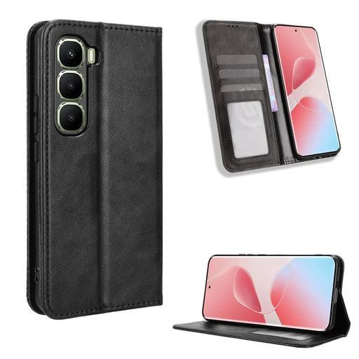 For Infinix Hot 60 Pro+ 4G Leather Case Wallet Stand Retro Texture Phone Cover - Black - 1