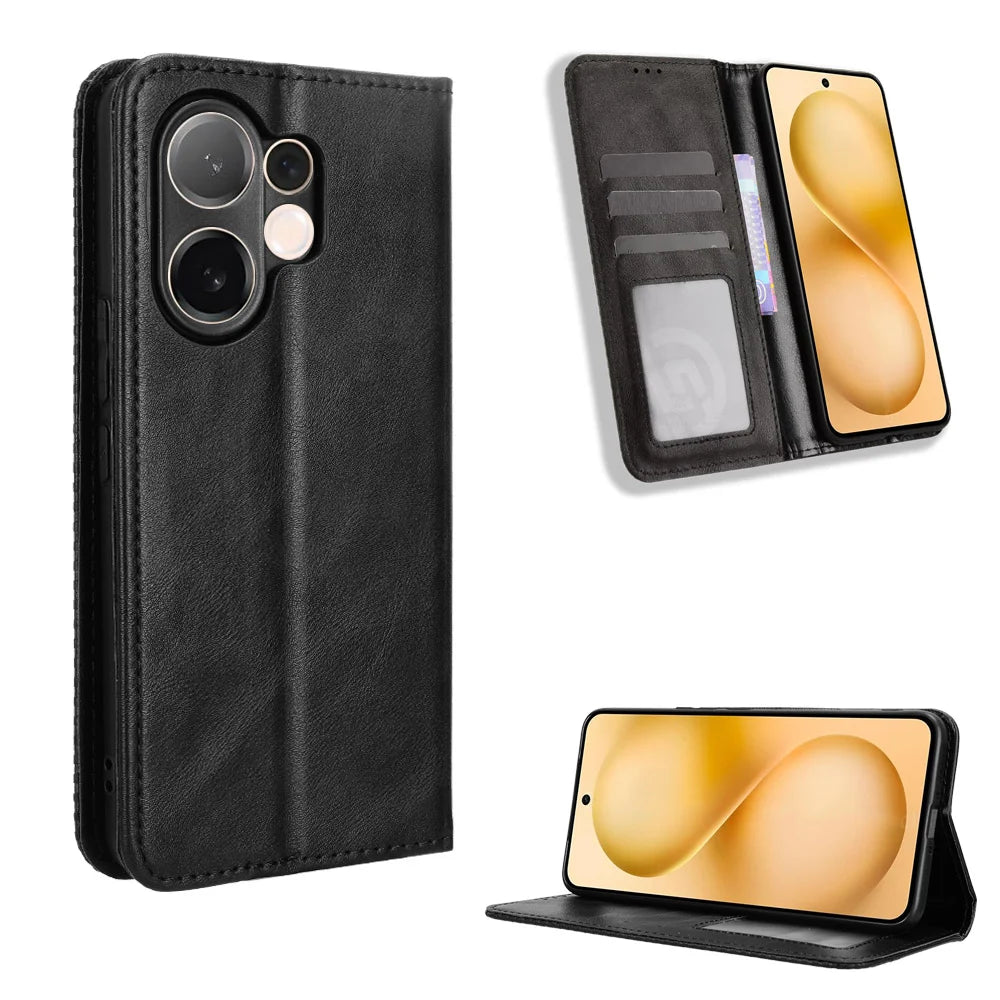 For vivo V60 5G Leather Case Wallet Stand Retro Texture Phone Cover - Black - 1