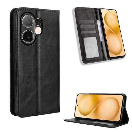 For vivo V60 5G Leather Case Wallet Stand Retro Texture Phone Cover - Black - 1