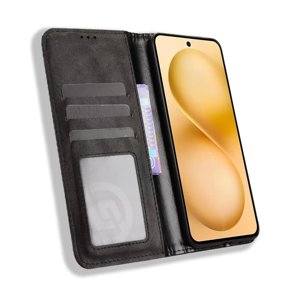 For vivo V60 5G Leather Case Wallet Stand Retro Texture Phone Cover - Black - 6