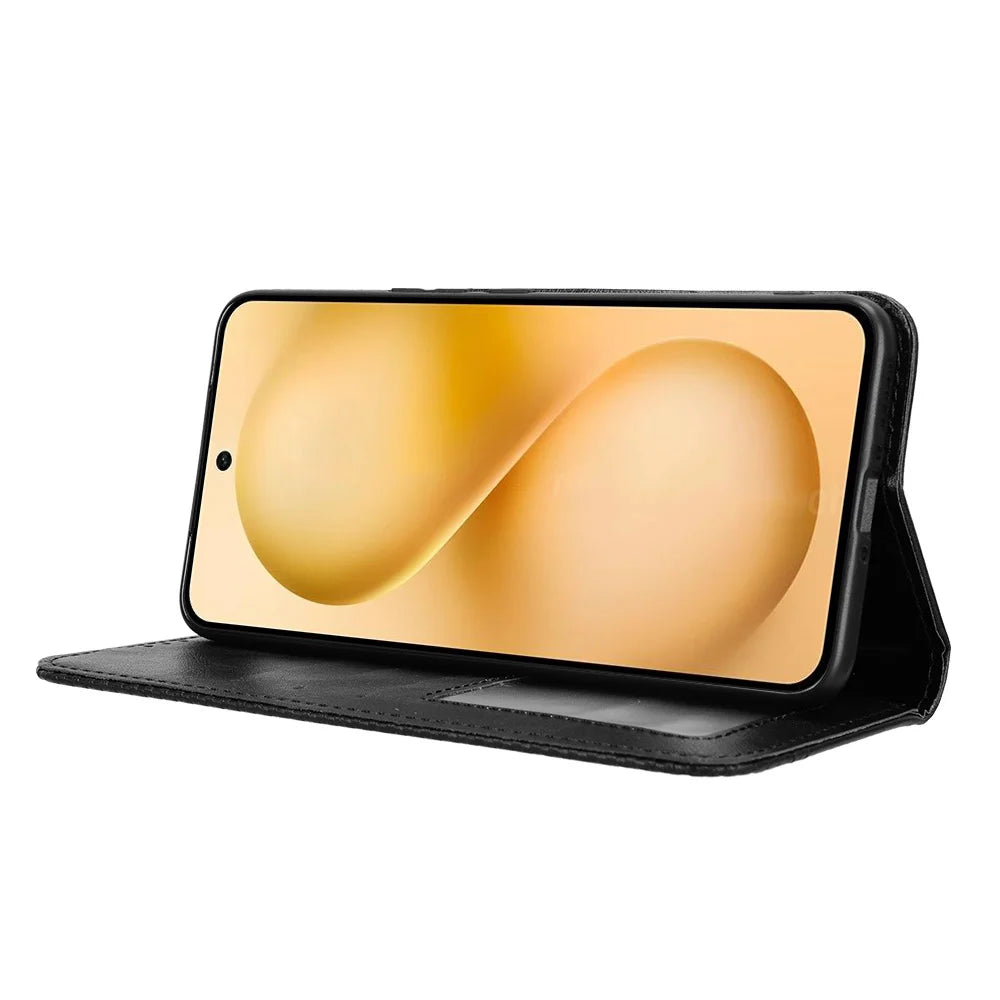 For vivo V60 5G Leather Case Wallet Stand Retro Texture Phone Cover - Black - 7