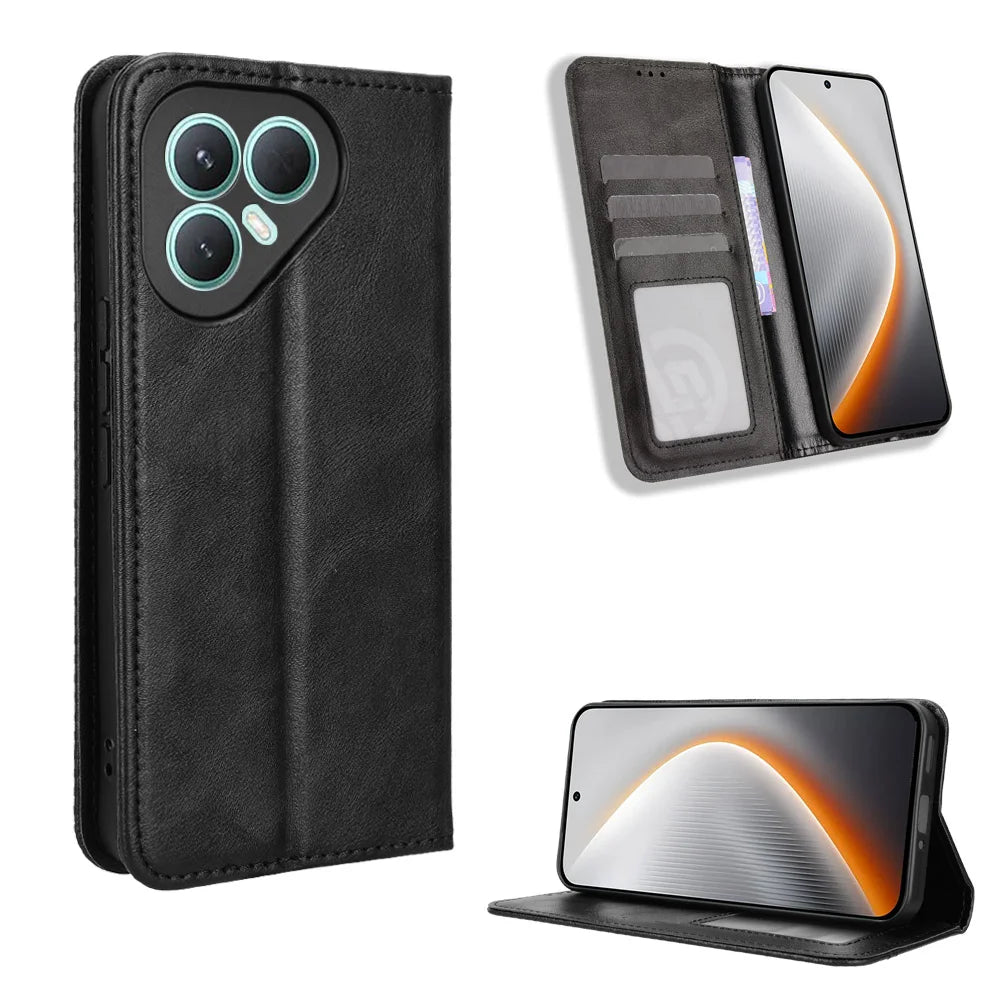 For TECNO Pova 7 Ultra 5G Leather Case Wallet Stand Retro Texture Phone Cover - Black - 1