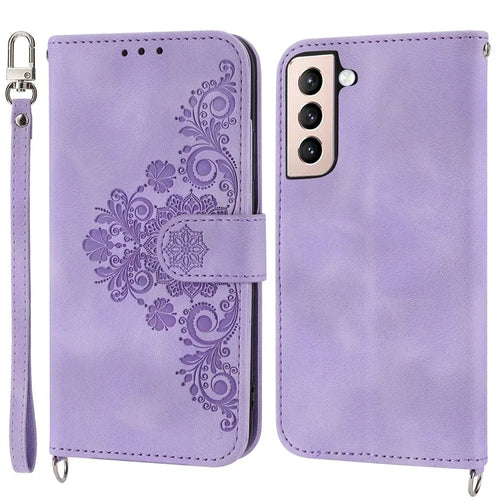 For Samsung Galaxy S21 FE 5G Skin-touch Feeling Phone Cover Shell Imprinted Flowers Pattern Stand Wallet Leather Phone Case with Wrist Strap and Shoulder Strap - Light Purple - 1