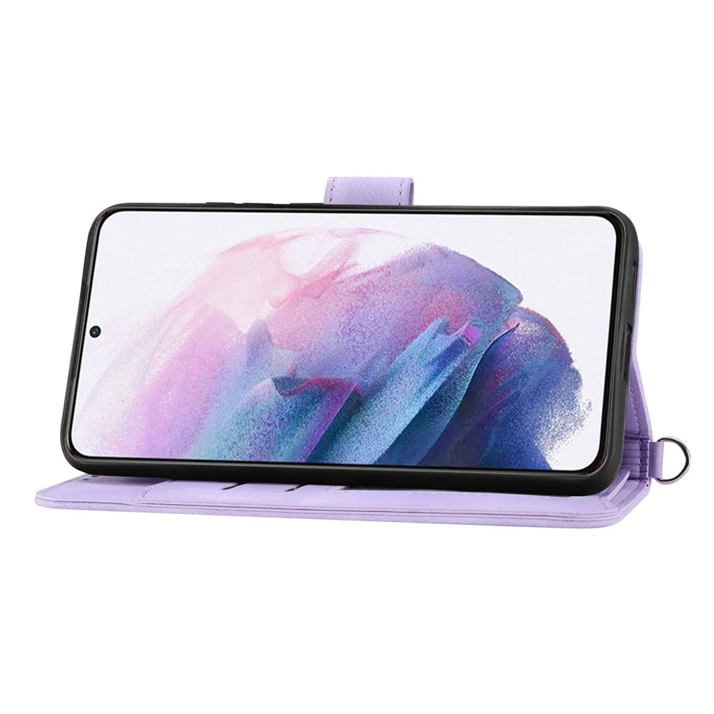 For Samsung Galaxy S21 FE 5G Skin-touch Feeling Phone Cover Shell Imprinted Flowers Pattern Stand Wallet Leather Phone Case with Wrist Strap and Shoulder Strap - Light Purple - 2