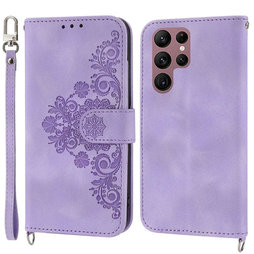 Multiple Card Slots Phone Case For Samsung Galaxy S22 Ultra 5G, Imprinted Flowers PU Leather Flip Stand Skin-touch Cell Phone Cover with Wrist and Shoulder Strap - Light Purple - 1