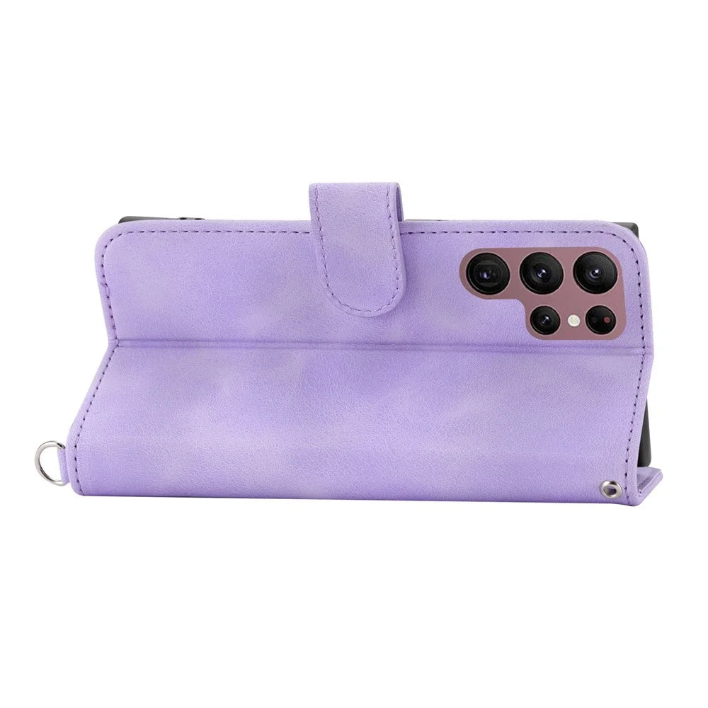 Multiple Card Slots Phone Case For Samsung Galaxy S22 Ultra 5G, Imprinted Flowers PU Leather Flip Stand Skin-touch Cell Phone Cover with Wrist and Shoulder Strap - Light Purple - 3