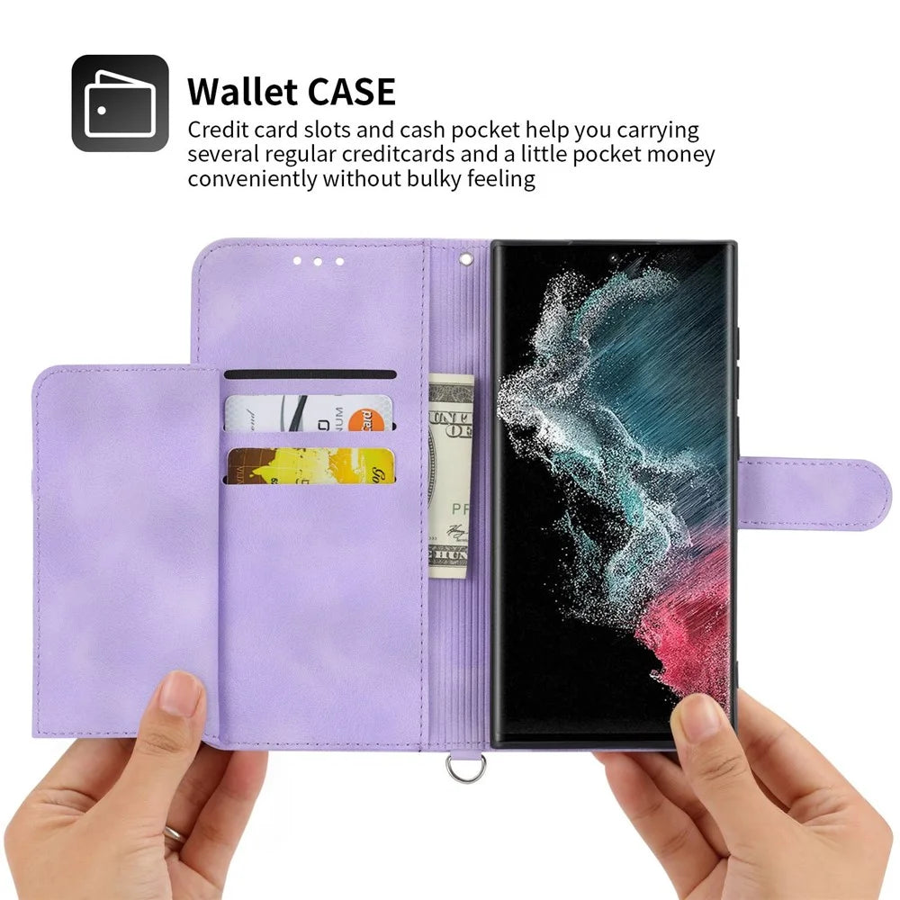 Multiple Card Slots Phone Case For Samsung Galaxy S22 Ultra 5G, Imprinted Flowers PU Leather Flip Stand Skin-touch Cell Phone Cover with Wrist and Shoulder Strap - Light Purple - 4