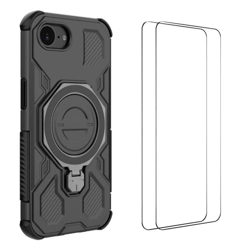 WANLONFENG For iPhone 17e / 16e Case Kickstand with 2Pcs Screen Film  KJ Series PC TPU Phone Cover (Big Lens Hole) - Black - 1