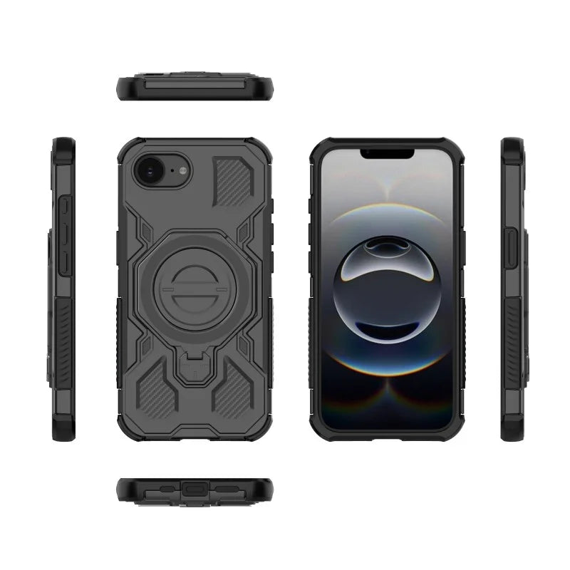 WANLONFENG For iPhone 17e / 16e Case Kickstand with 2Pcs Screen Film  KJ Series PC TPU Phone Cover (Big Lens Hole) - Black - 2