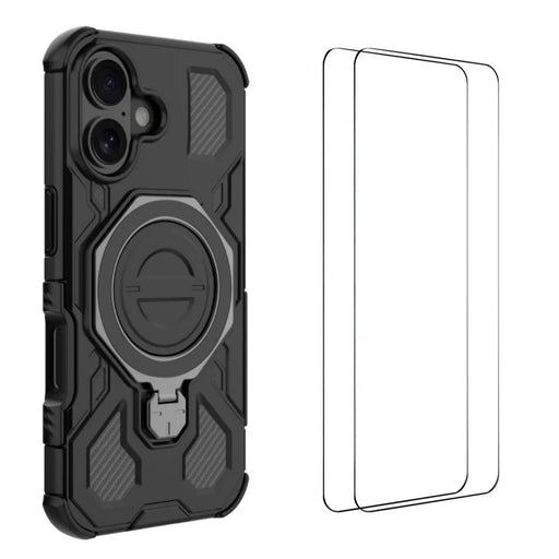 WANLONFENG For iPhone 16 Case Kickstand with 2Pcs Screen Film  KJ Series PC TPU Phone Cover (Big Lens Hole) - Black - 1