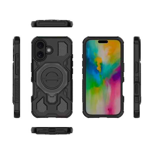 WANLONFENG For iPhone 16 Case Kickstand with 2Pcs Screen Film  KJ Series PC TPU Phone Cover (Big Lens Hole) - Black - 2