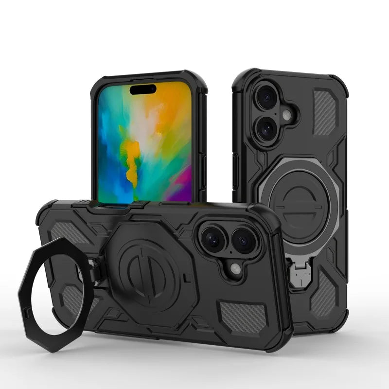 WANLONFENG For iPhone 16 Case Kickstand with 2Pcs Screen Film  KJ Series PC TPU Phone Cover (Big Lens Hole) - Black - 3