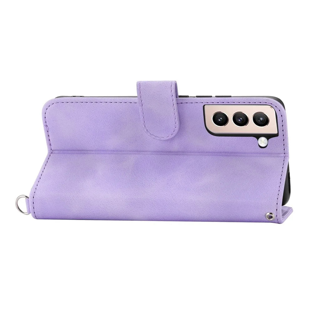 For Samsung Galaxy S22+ 5G Imprinted Flowers Shockproof Flip Leather Phone Case Stand Multiple Card Slots Skin-touch Cover with Wrist Strap and Shoulder Strap - Light Purple - 3