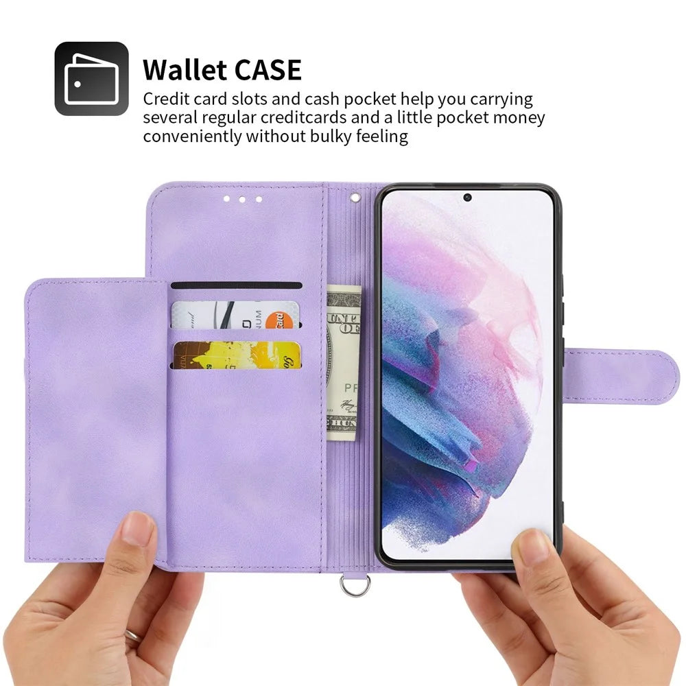 For Samsung Galaxy S22+ 5G Imprinted Flowers Shockproof Flip Leather Phone Case Stand Multiple Card Slots Skin-touch Cover with Wrist Strap and Shoulder Strap - Light Purple - 4