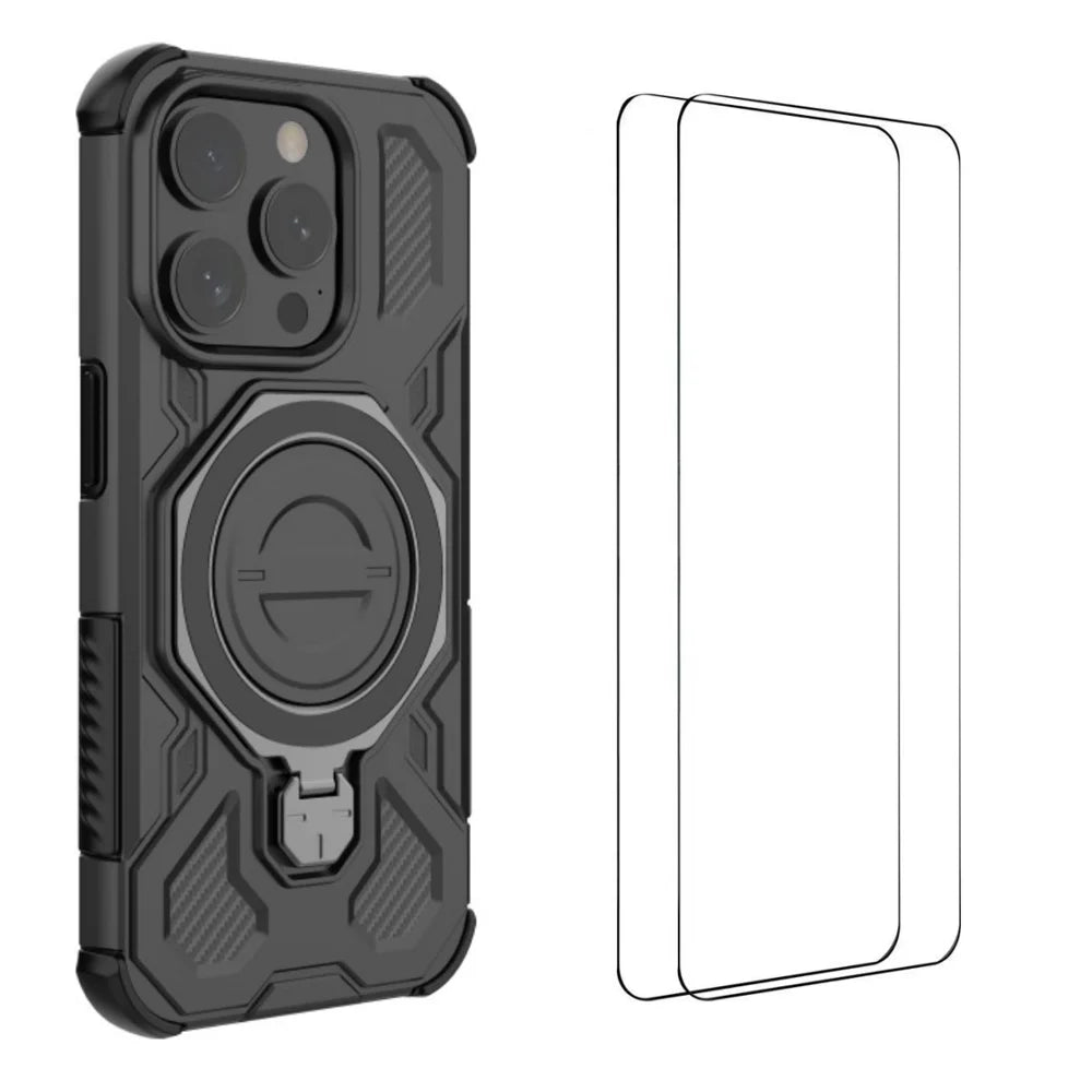 WANLONFENG For iPhone 15 Pro Case Kickstand with 2Pcs Screen Film  KJ Series PC TPU Phone Cover (Big Lens Hole) - Black - 1